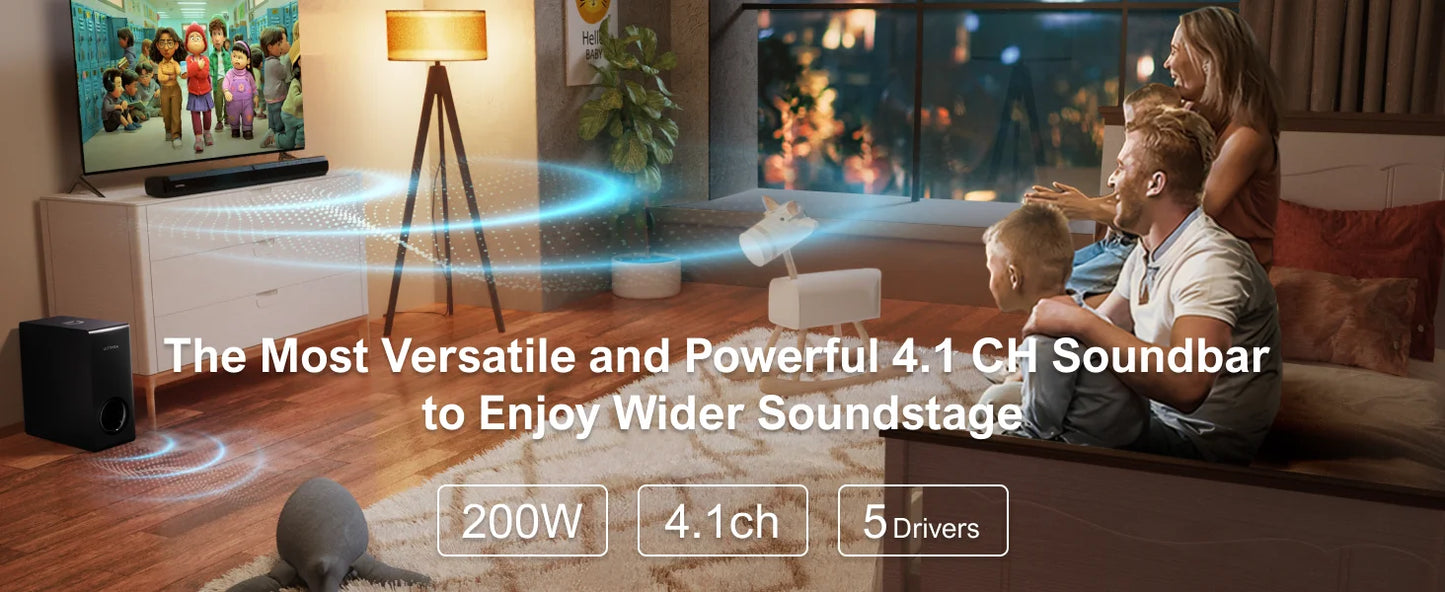 ULTIMEA 200W 4.1ch Detachable Bluetooth 5.3 Soundbar with Subwoofer for Smart TV and Home Theater