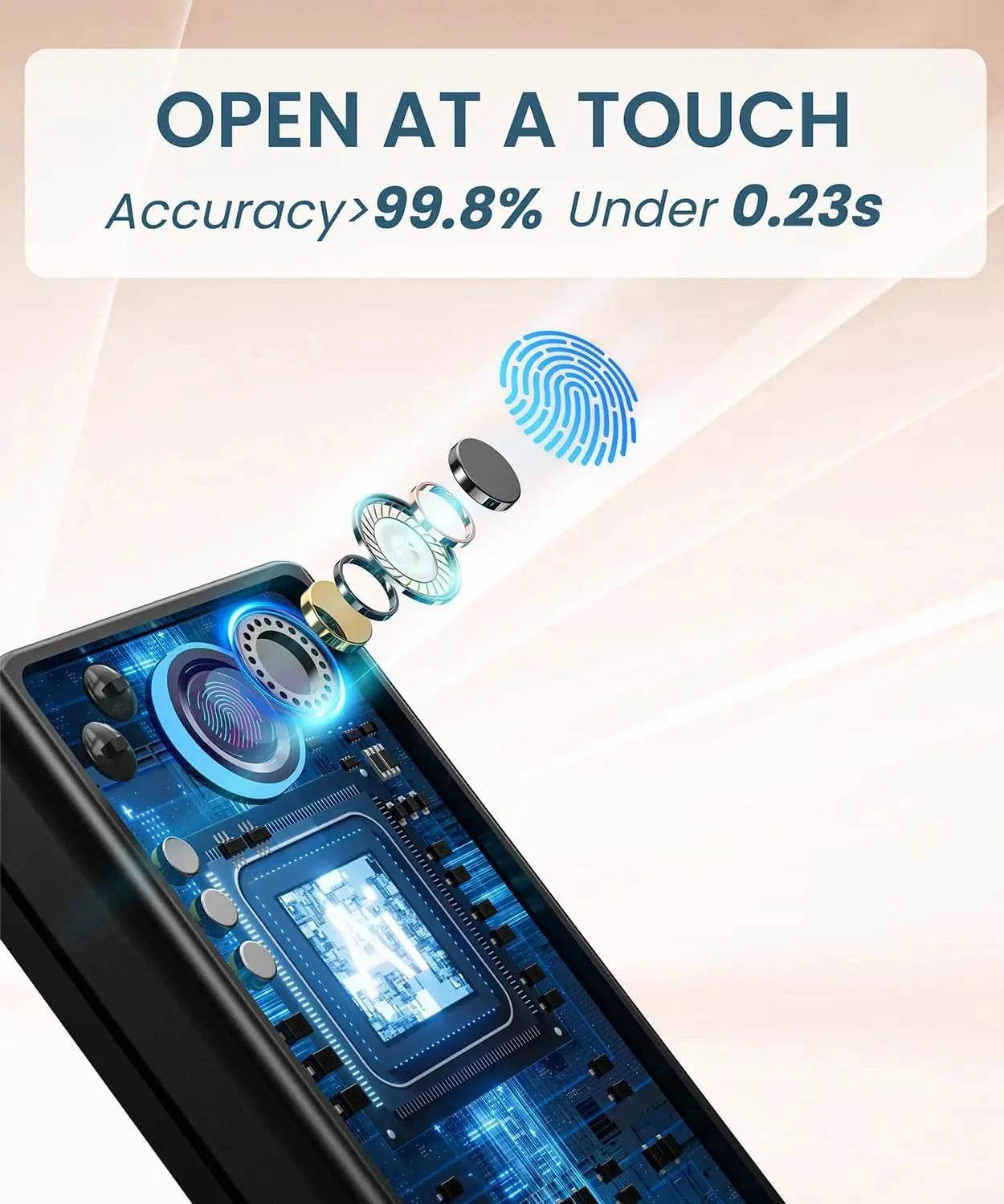 Fingerprint Smart Door Lock with keypad and biometric features, accuracy over 99.8%, opens in under 0.23s.