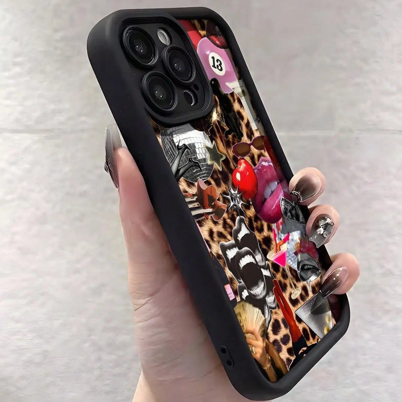 Lips and leopard print iPhone case for iPhone 16 Pro Max to X/XS.