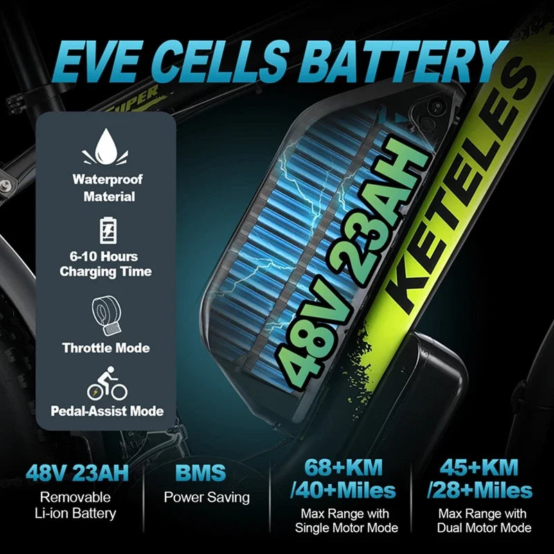 KETELES K800 electric mountain bicycle with 48V 23Ah battery and waterproof design.