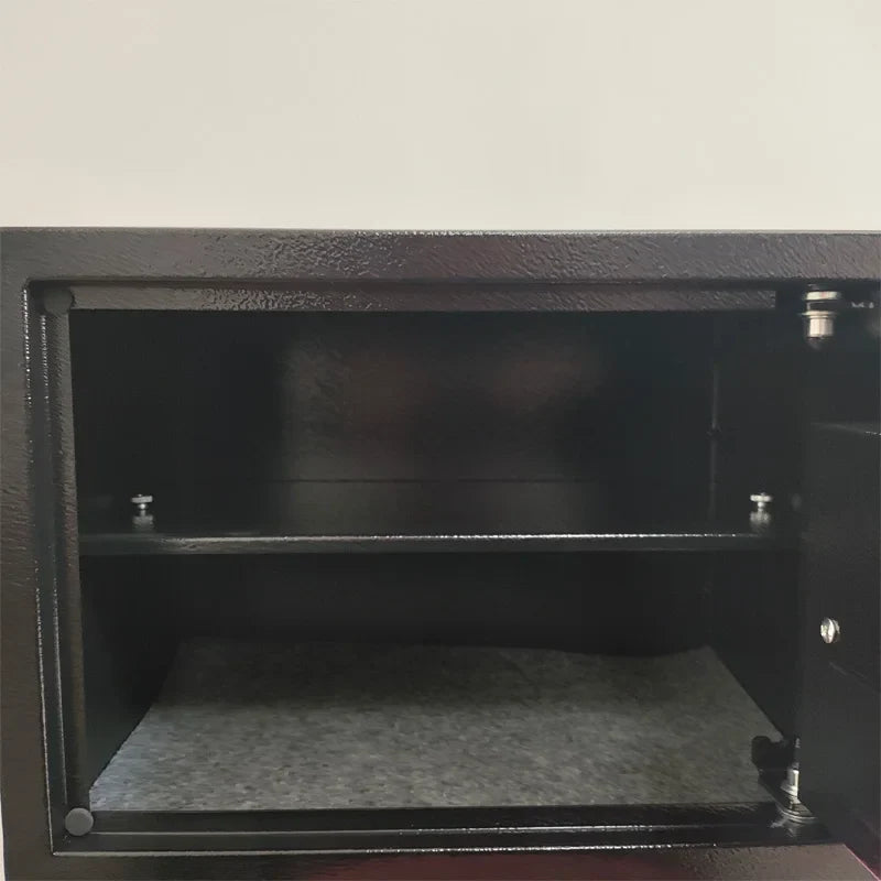 Black electronic fingerprint and password secure file cabinet safe with spacious interior.