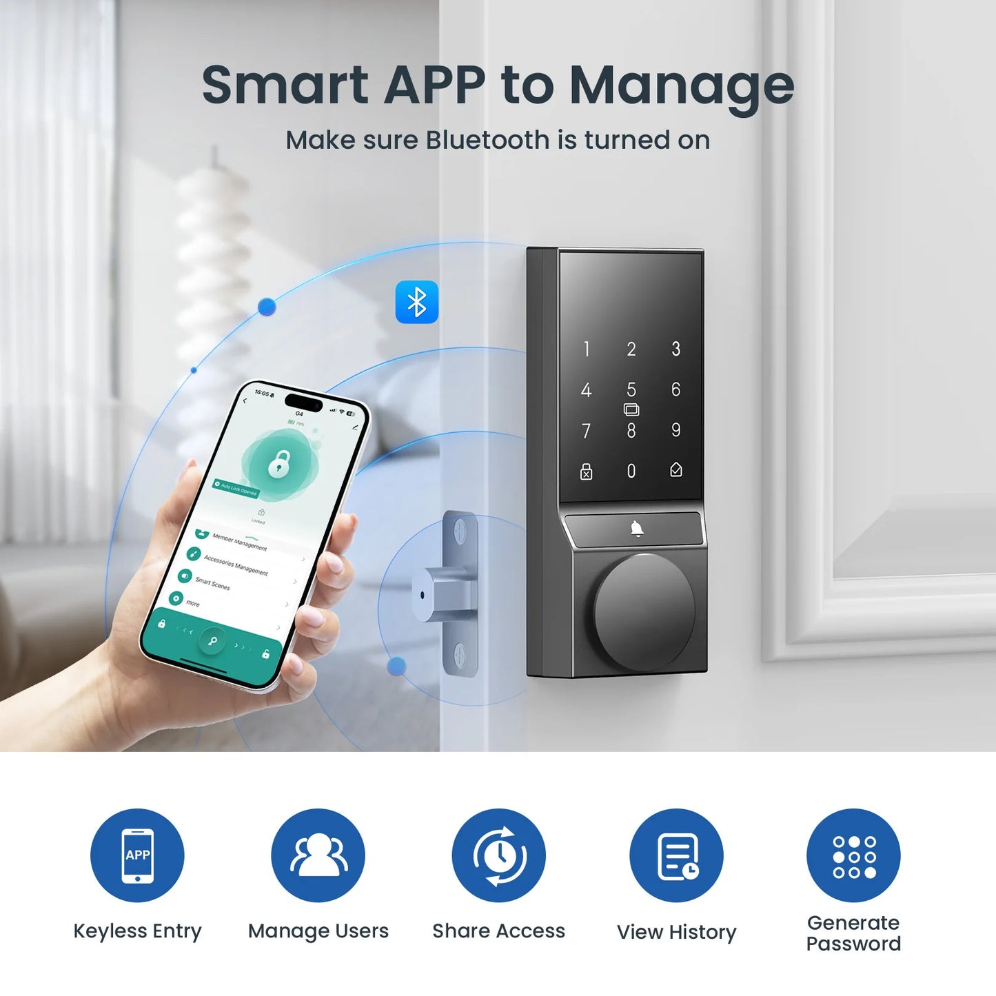 Smart Keyless Door Lock with Doorbell Bluetooth App Control and Auto Lock for Front Door