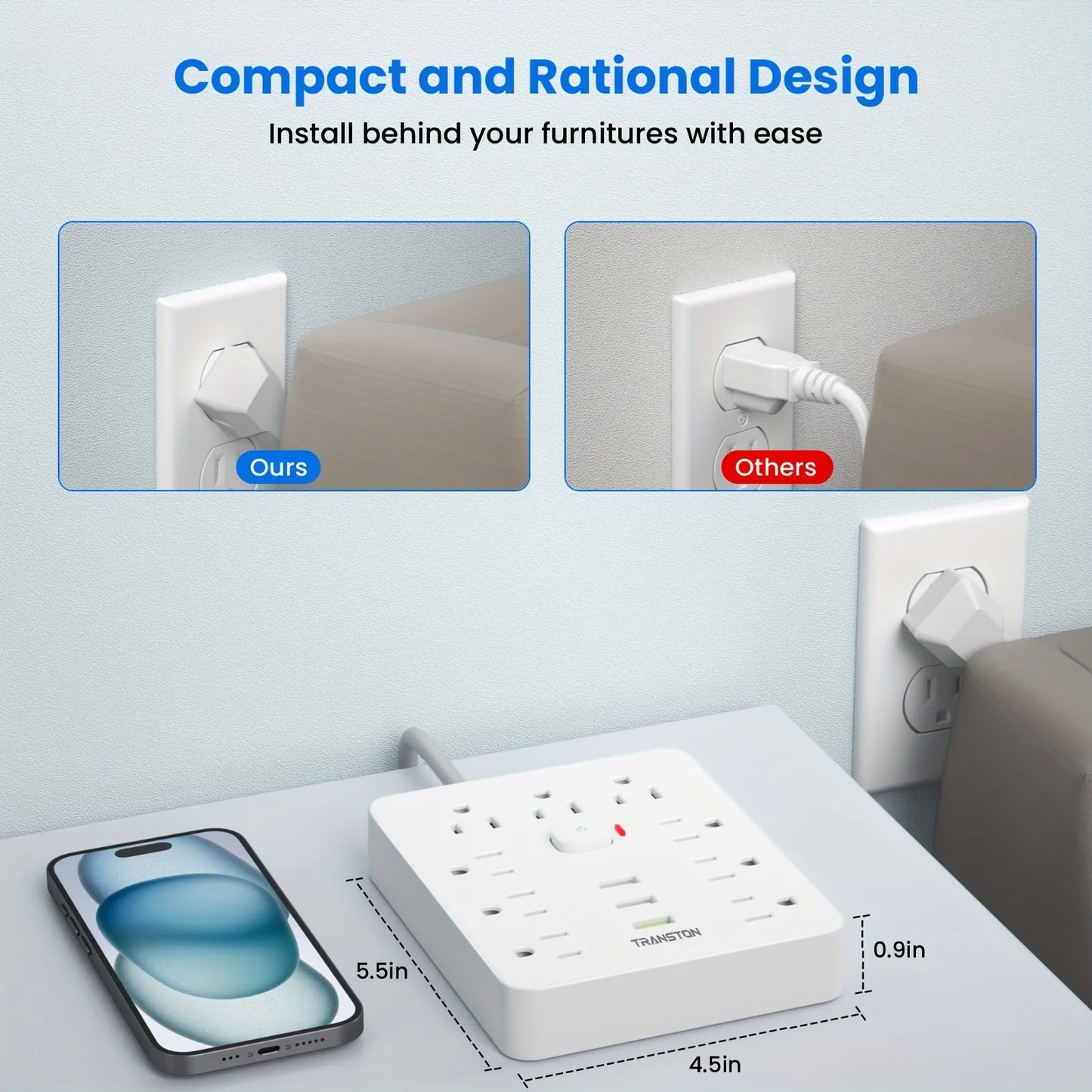 Power Strip with Surge Protector 9 Outlets 3 USB Ports 5ft Extension Cord