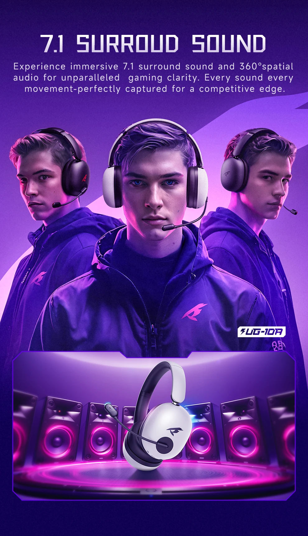 Picun UG-10A Wireless Gaming Headset 2.4G Bluetooth 6.0 Wired 56dB Mic 40mm Drivers Over Ear