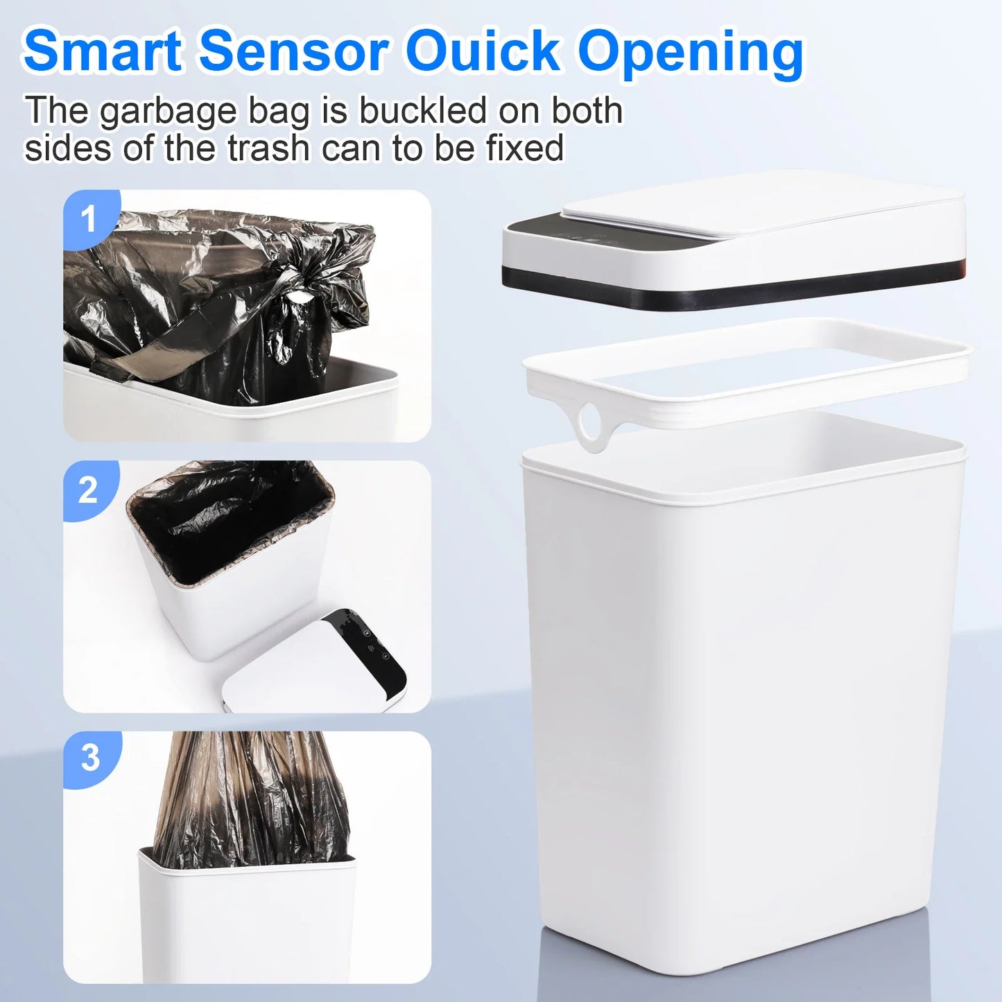 2 Pack 12L Touchless Motion Sensor Trash Cans with Lid, Slim White Design