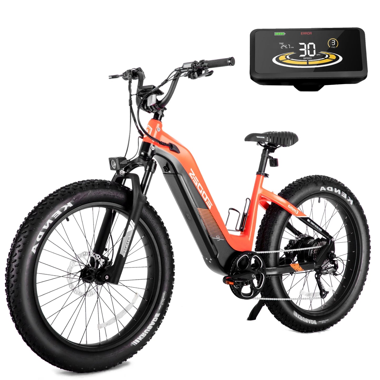 Orange 750W off-road electric bike with 52V 17Ah battery, 26-inch fat tires, LCD, and Bluetooth.