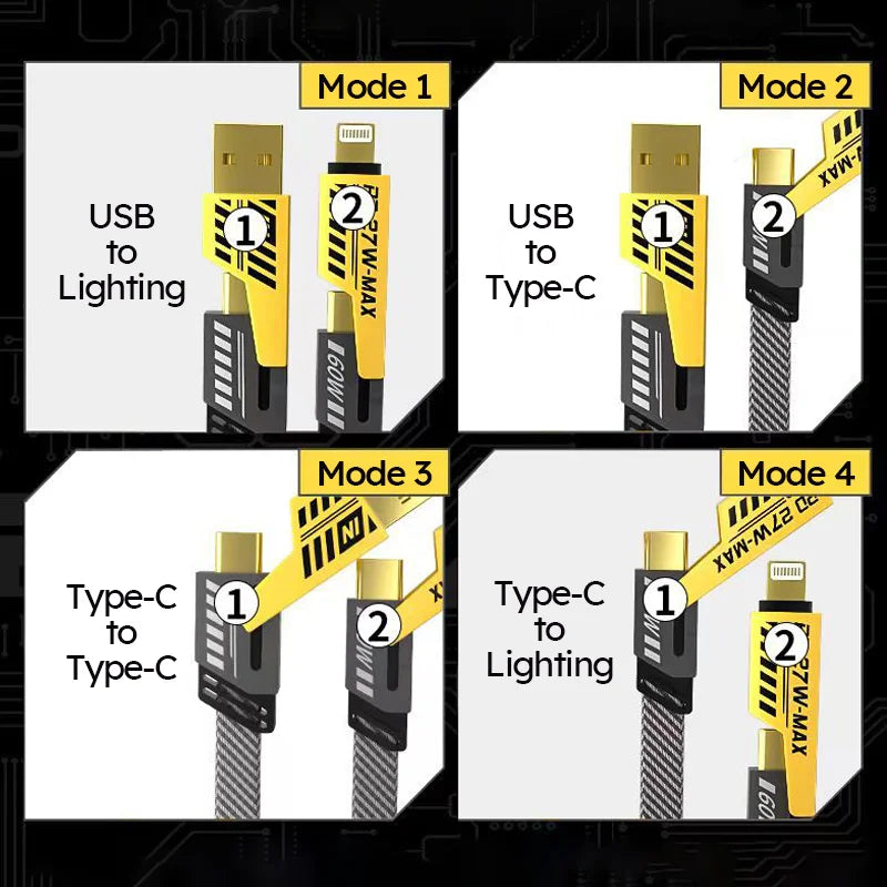 4 in 1 Fast Charging Cable USB A Type C Dual Connector Nylon Braided PD 65W 27W for iPhone/Android/Xiaomi