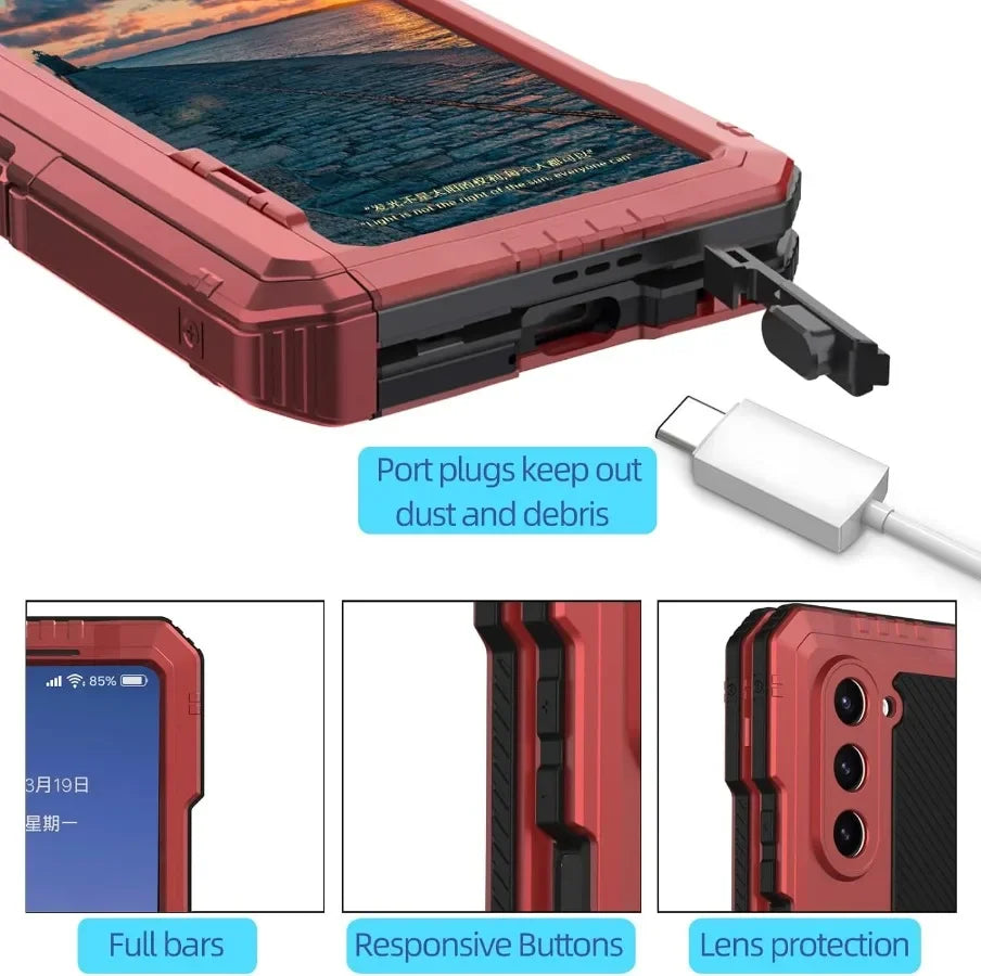 3 Layer Heavy Duty Metal Phone Case for Samsung Z Fold with Stand and Screen Film
