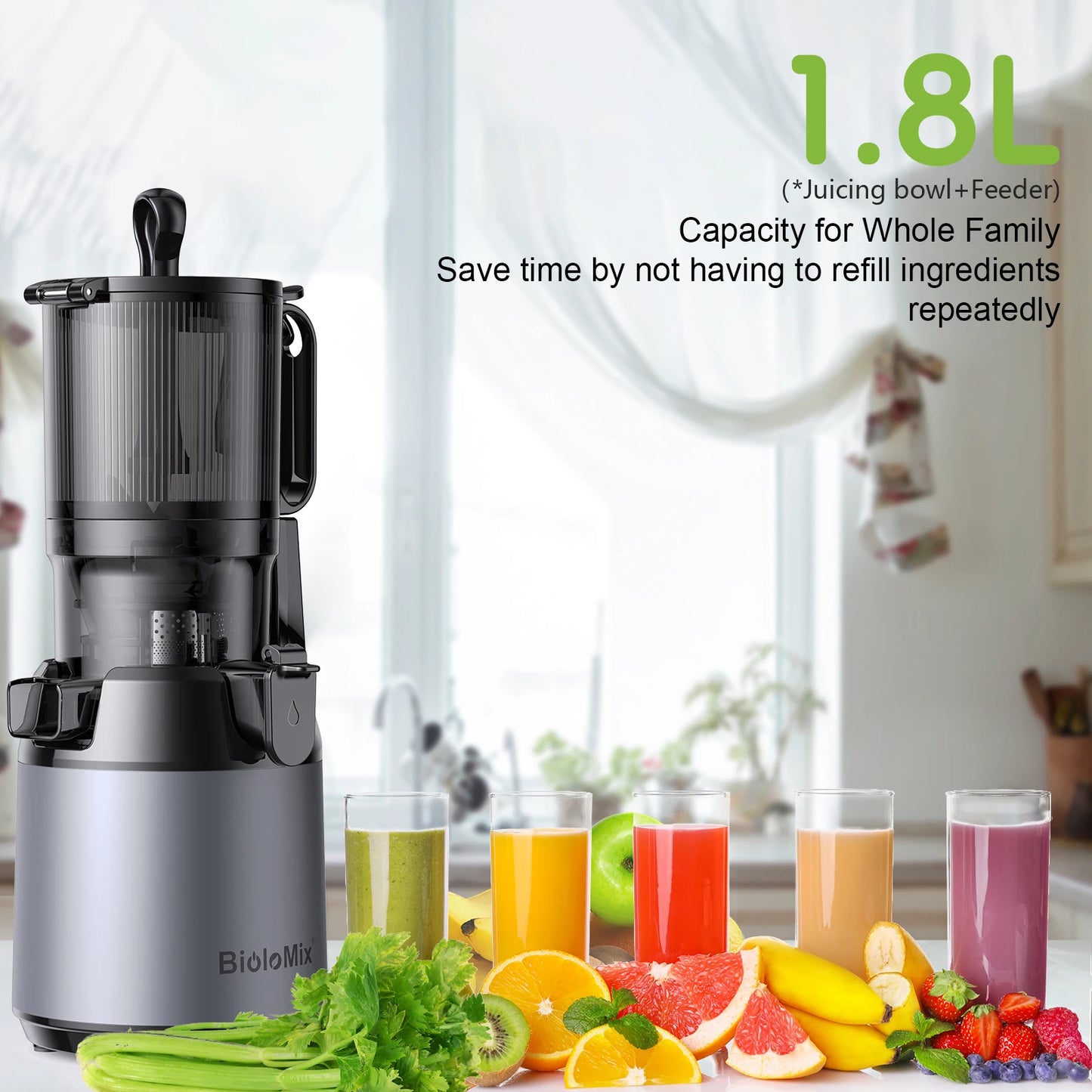 BioloMix Cold Press Juicer 130mm Chute Whole Fruit Vegetable BPA Free Slow Juicer