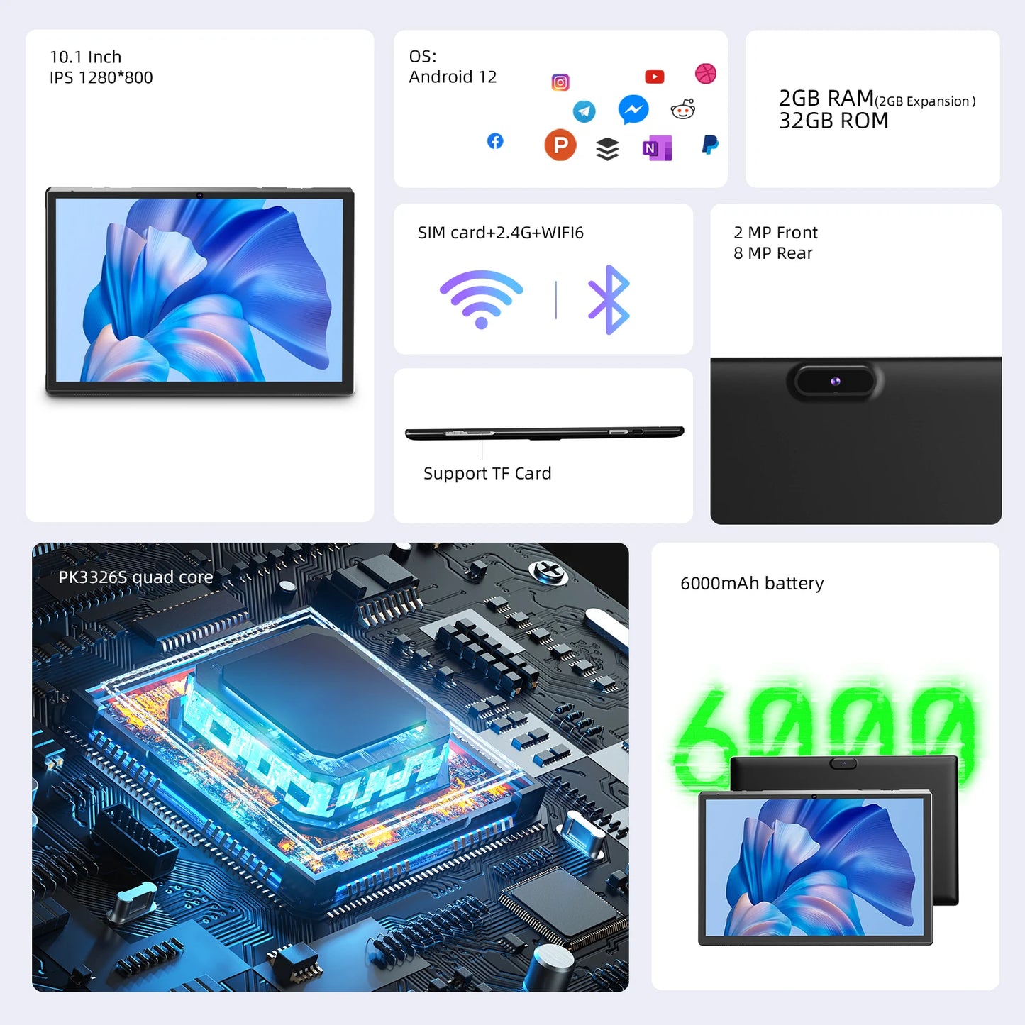 10 Inch Android 14 Tablet with RK3326S 4 Core Processor 4GB RAM and 32GB ROM