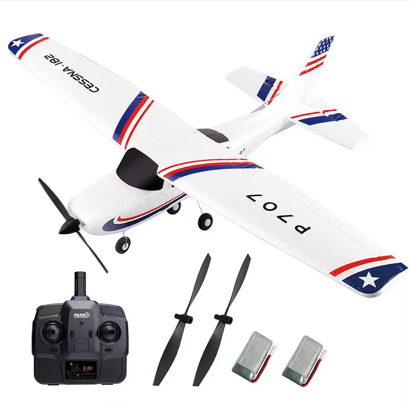 Park10 RC Airplane P707G 3Ch CESSNA RTF with remote, propellers, and batteries.