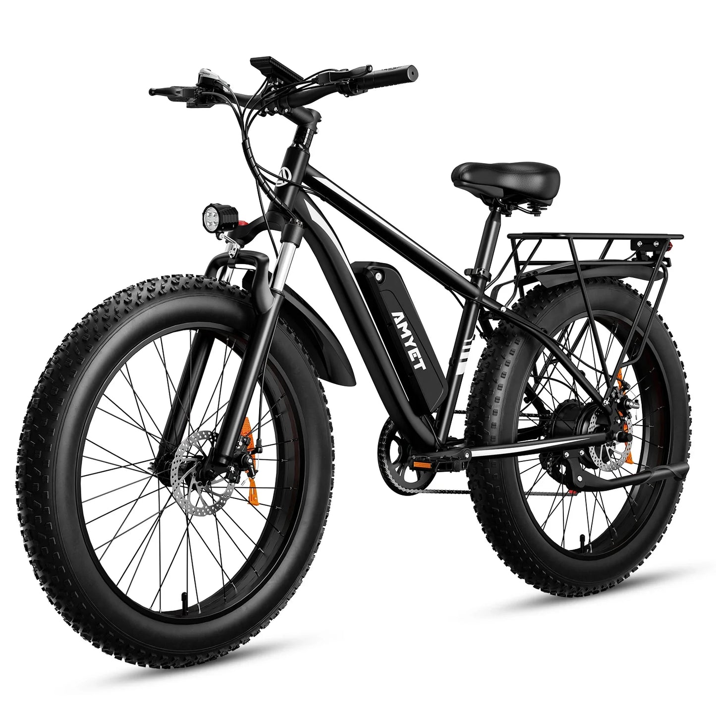 AMYET EB26 1000W electric mountain bike with 48V, 26-inch fat tires, dual shock suspension, and disc brakes.