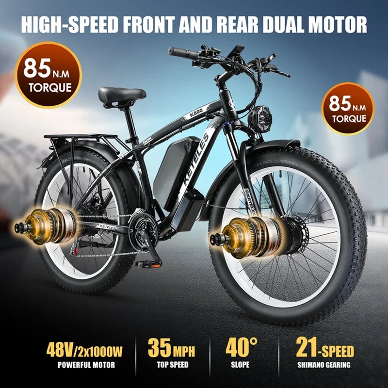 KETELES K800 Adult Electric Mountain Bicycle with 2000W motor, 48V battery, 26-inch fat tires.