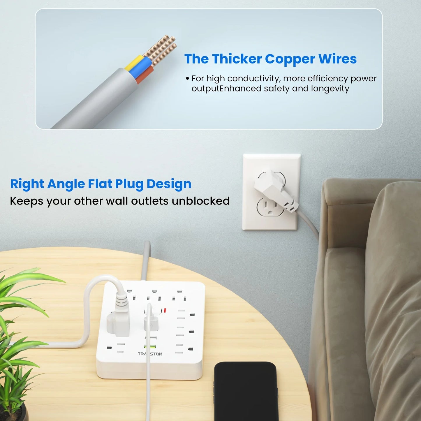 TRANSTON Power Outlet with Surge Protector, 9 power strip 3 USB Ports, 10ft Extension Cord, Quick Charge, For Home and Offic