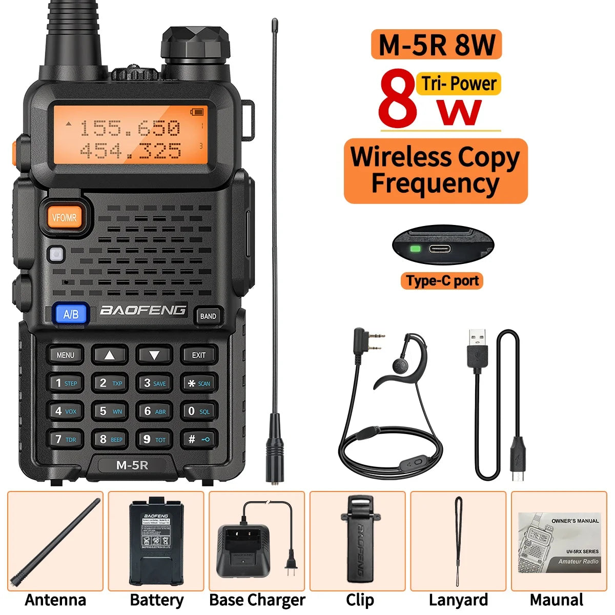 1 or 2PCS Baofeng M-5R 8W Walkie Talkie Multi Band Type-C Long Range