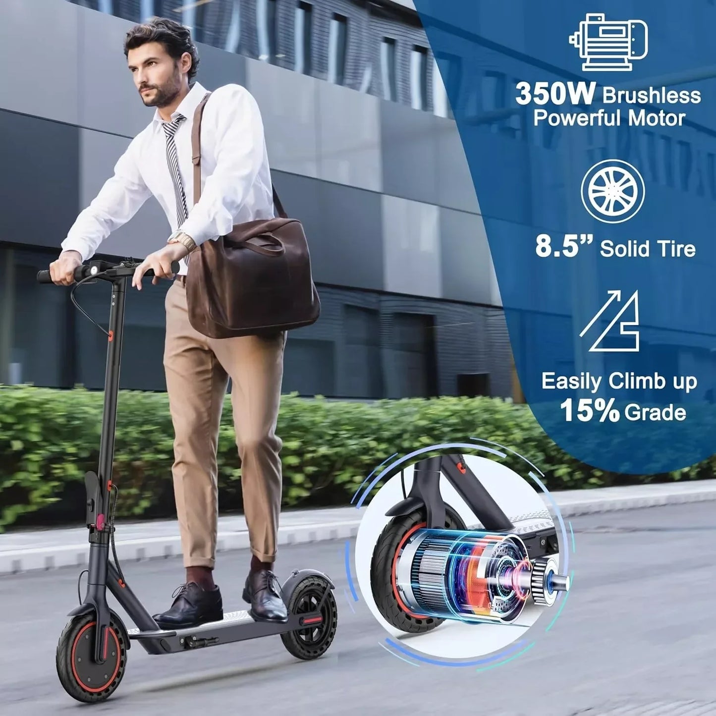 Man riding LP60 Electric Scooter with 350W motor and 8.5-inch tires on city street showing climbing ability