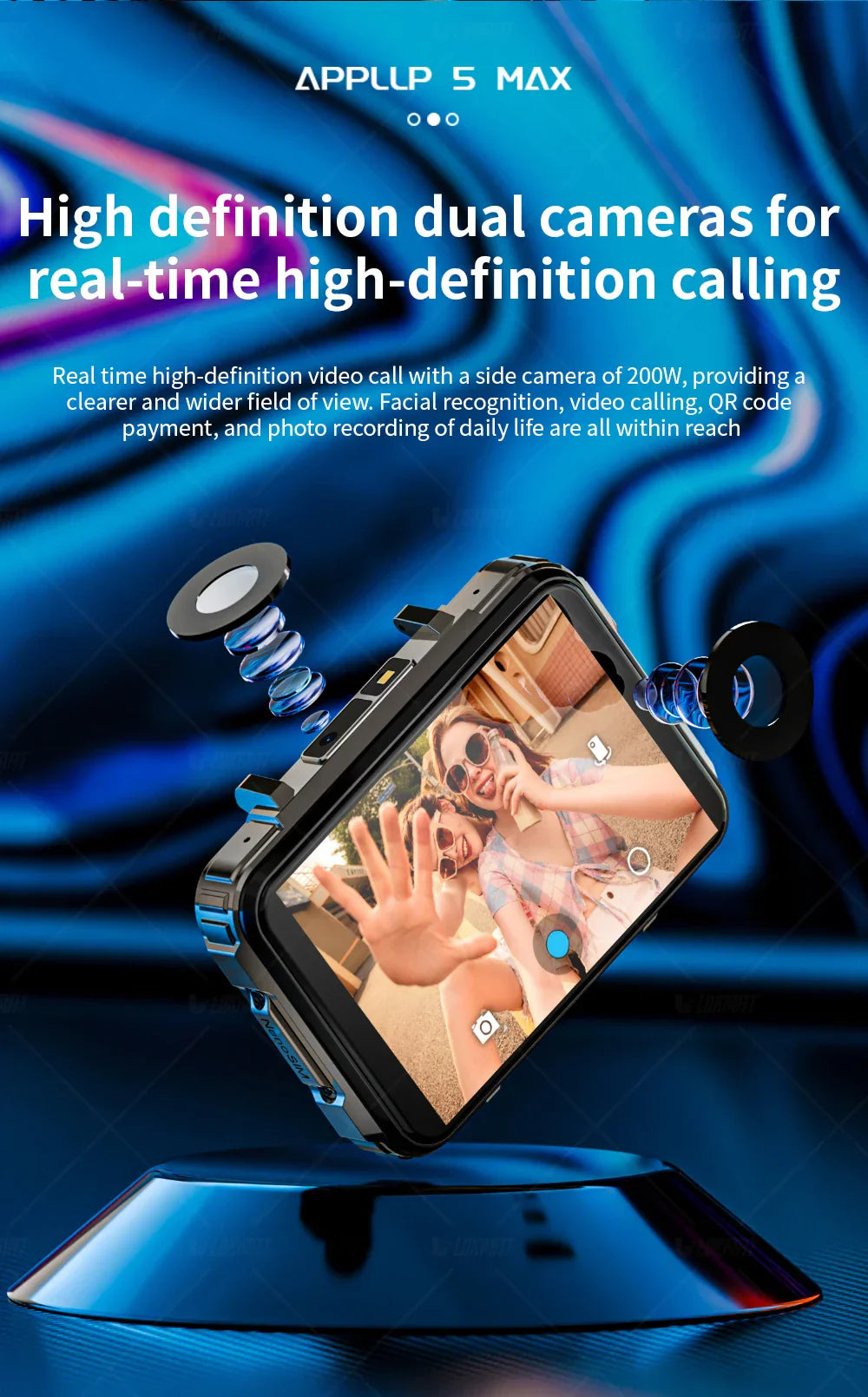 LOKMAT APPLLP 5 MAX Android smartwatch phone with 4G, dual high-definition cameras, 2.4-inch square TFT display, fitness and health tracking, voice assistant, and life waterproof design.