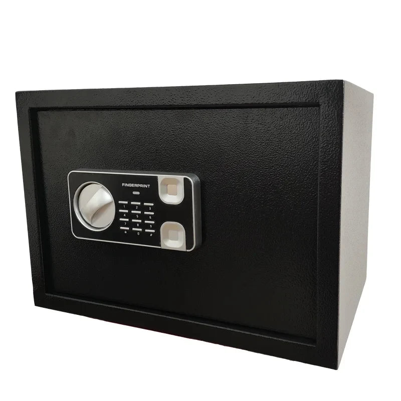 Black electronic fingerprint and password secure file cabinet safe.