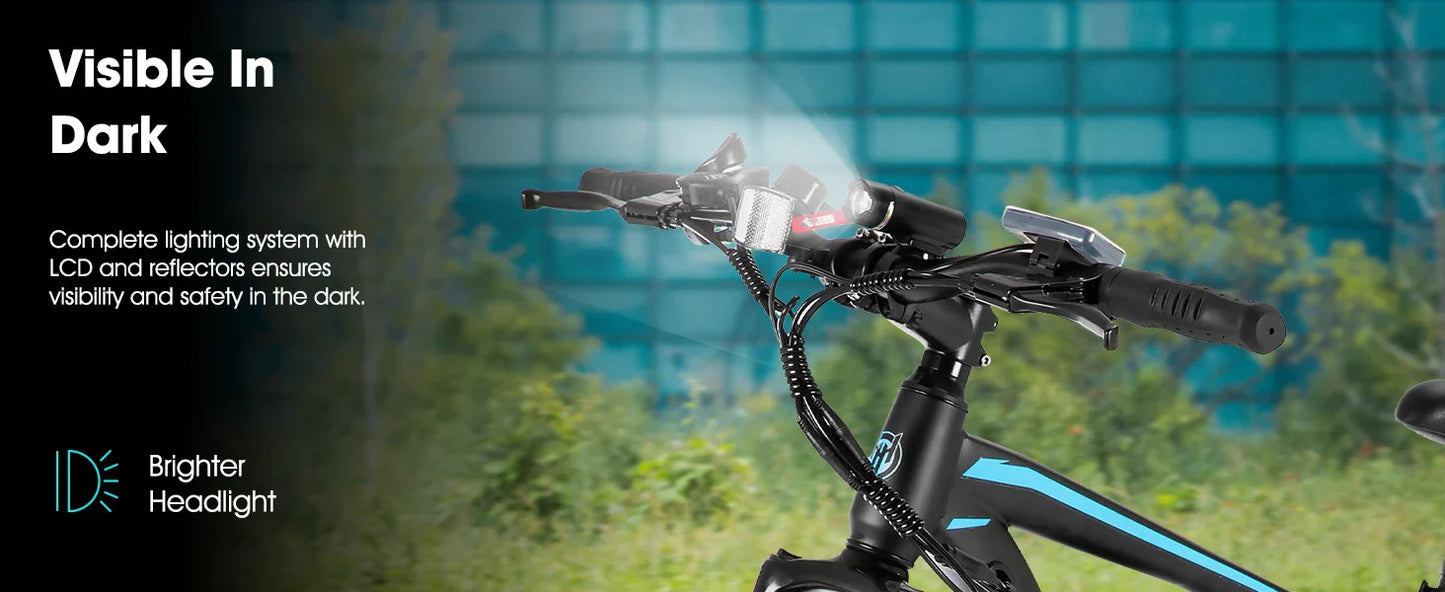 HILAND 26 inch electric mountain bike with LED headlight illuminating in darkness.