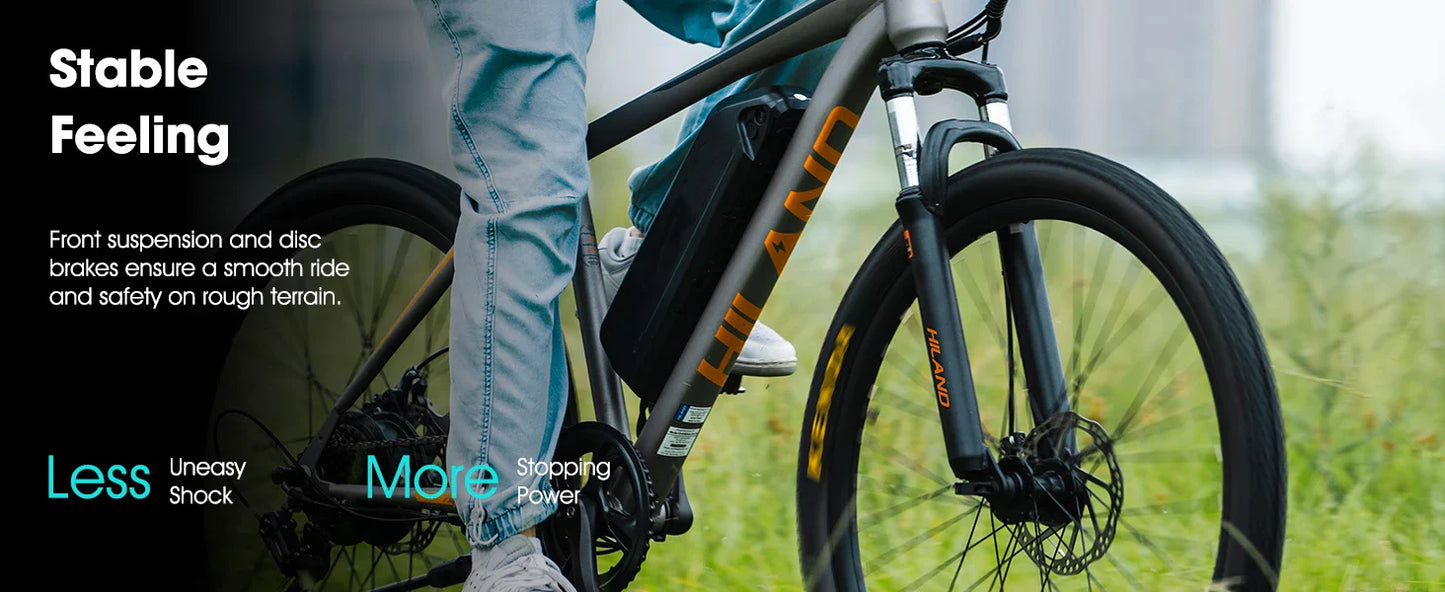 HILAND 26 Inch Electric Mountain Bike 500W, carbon steel frame, with removable battery, shown on grassy terrain.