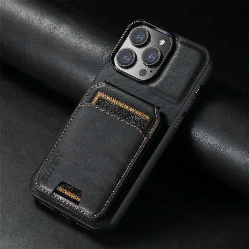 Luxury leather wallet phone case with card holder for iPhone 16/15/14/13/12/11 Pro Max, magnetic and dustproof.