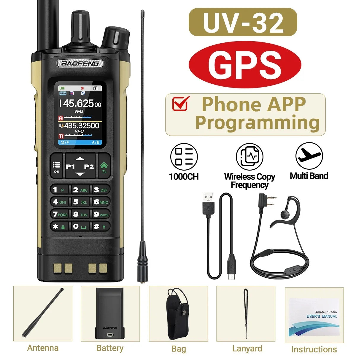 Baofeng UV-32 10W GPS Walkie Talkie Multi Band Bluetooth Type-C Long Range