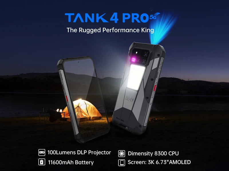 8849 Tank 4 Pro Unihertz 5G Rugged Smartphone with Built-In Projector 36GB RAM 1TB Storage Android 14 AMOLED 120Hz