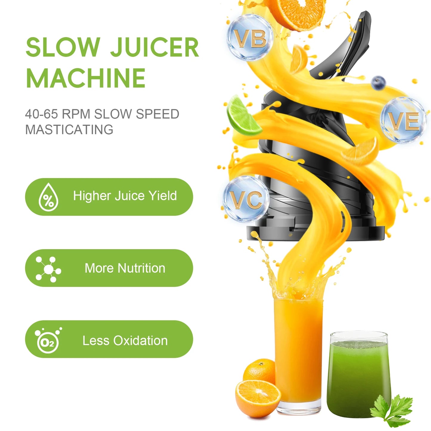 BioloMix Cold Press Juicer 130mm Chute Whole Fruit Vegetable BPA Free Slow Juicer
