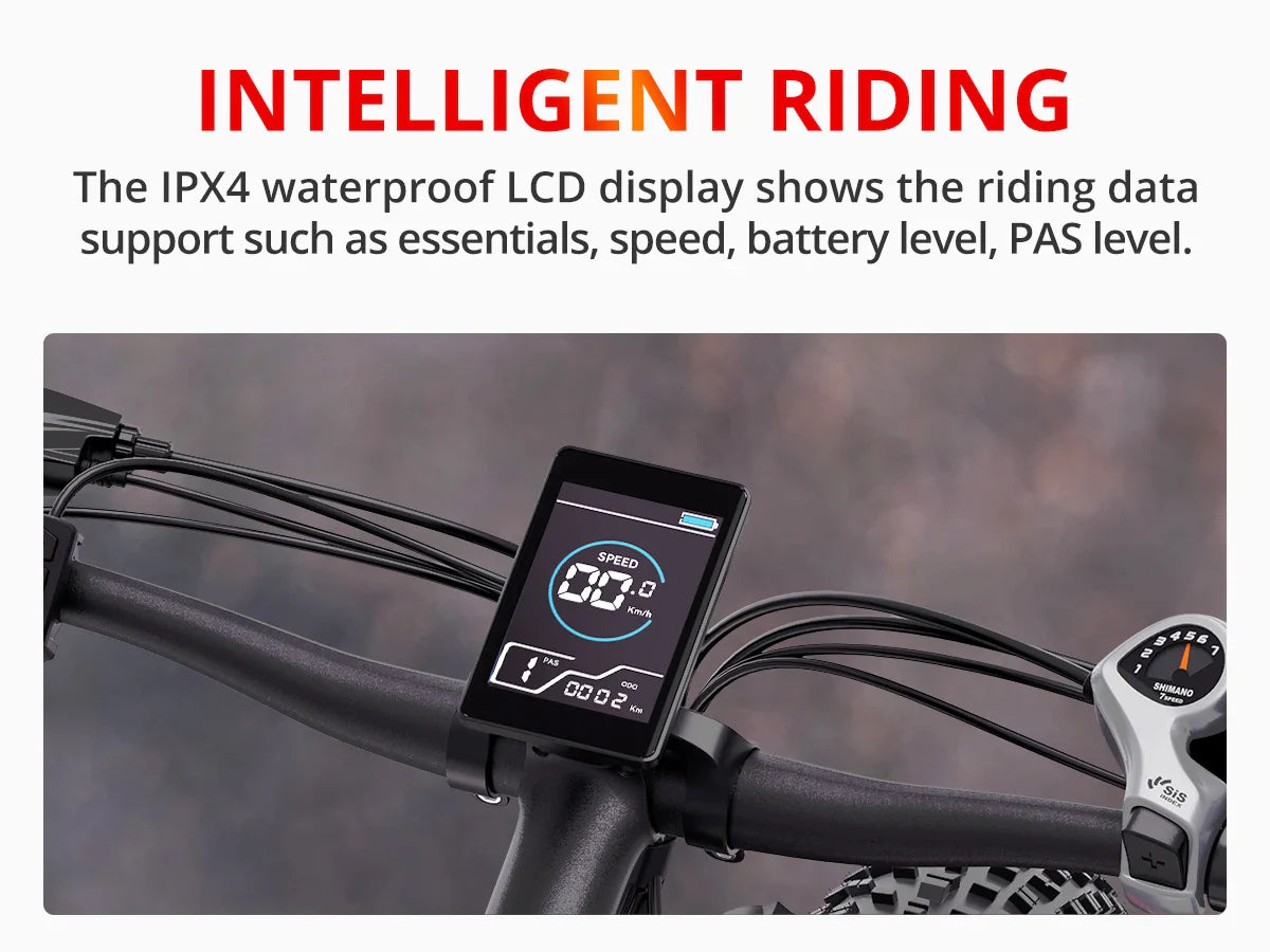 LCD display on the AMYET EB26 electric bike showing speed and battery level information.