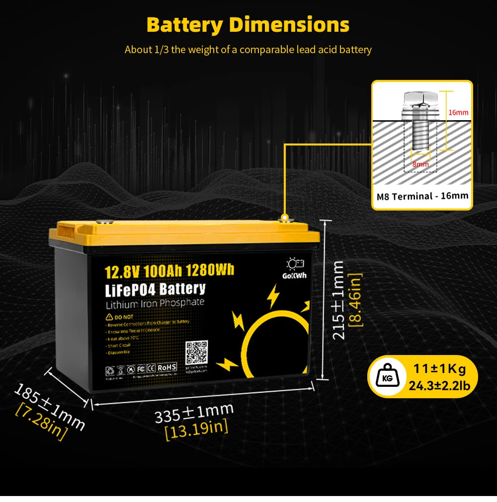 12V 100Ah LiFePO4 Battery Pack with Bluetooth BMS Grade A Lithium Rechargeable Cell