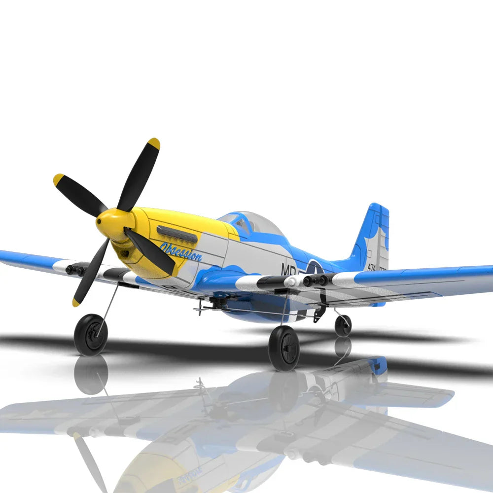 Volantex RC Mini Mustang P-51D V2 with 400mm wingspan in blue and yellow design.