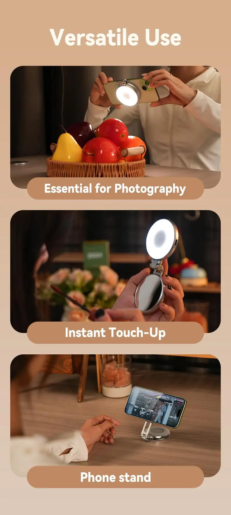 TELESIN 3-in-1 Magnetic Selfie Light with 360° LED Ring MagSafe Mirror and Phone Stand