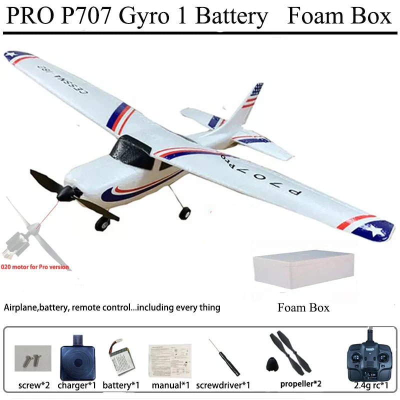 Park10 RC Airplane P707G with Gyroscope, Remote Controller, Extra Propellers, and Accessories in Foam Box.
