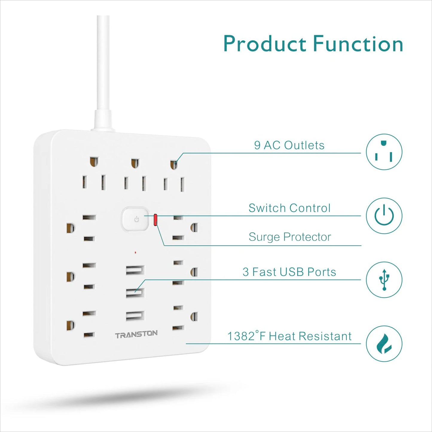 TRANSTON Power Outlet with Surge Protector, 9 power strip 3 USB Ports, 10ft Extension Cord, Quick Charge, For Home and Offic