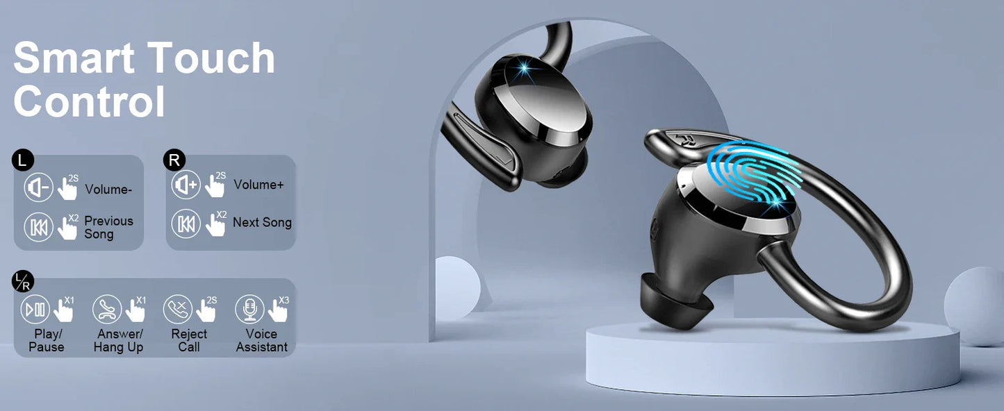 Wireless Bluetooth 5.3 earbuds with smart touch control and ear hook design for superior stereo bass and 40-hour playback.