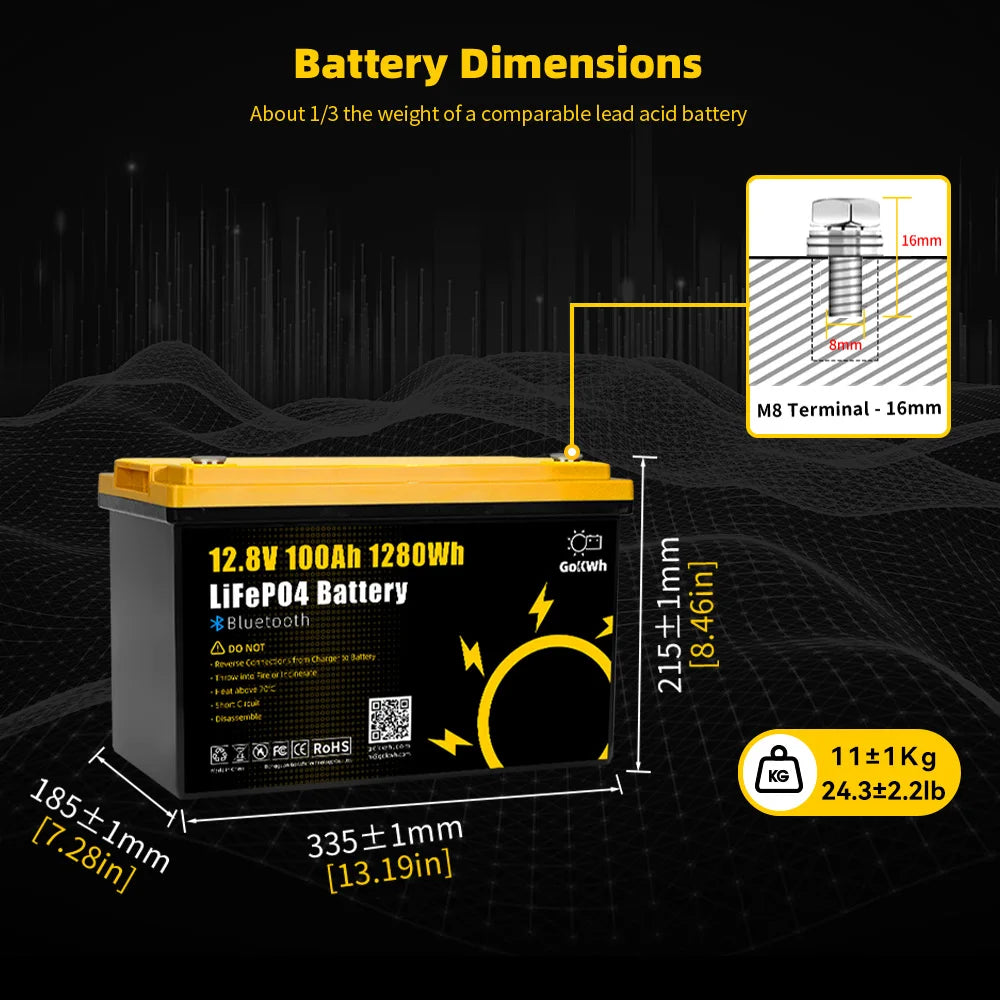12V 100Ah LiFePO4 Battery Pack with Bluetooth BMS Grade A Lithium Rechargeable Cell