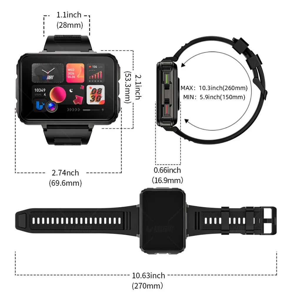 LOKMAT APPLLP 5 MAX Android 4G smartwatch phone with dual cameras, 2.4-inch square TFT display, fitness and health tracking, voice assistant, GPS, and life waterproof design.