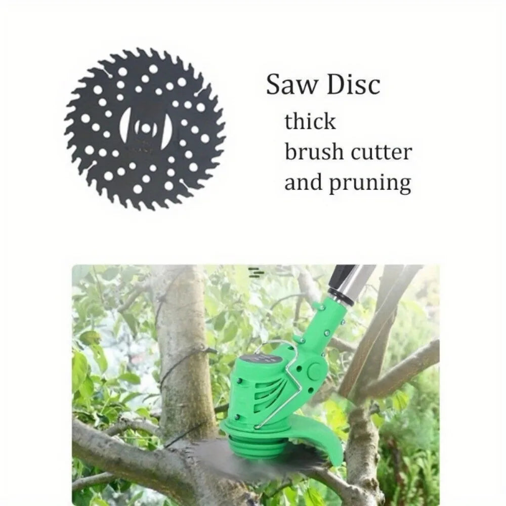 Cordless electric weed eater with saw disc for thick brush cutting and pruning.