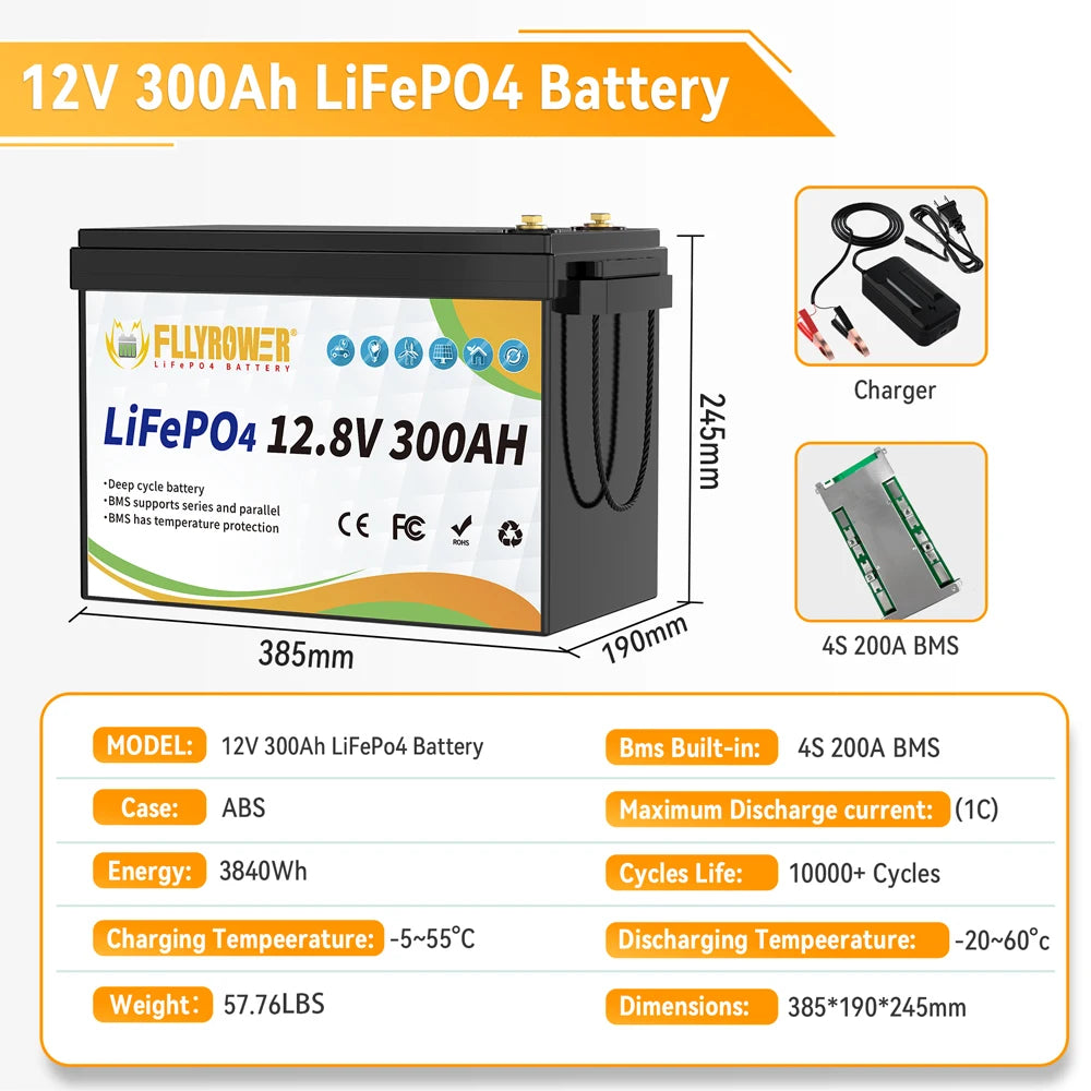 12V 300Ah LiFePO4 Battery Packs With BMS Lithium Iron Phosphate Rechargeable Batteries RV Boat Motor Solar Battery 8000+ Cycles