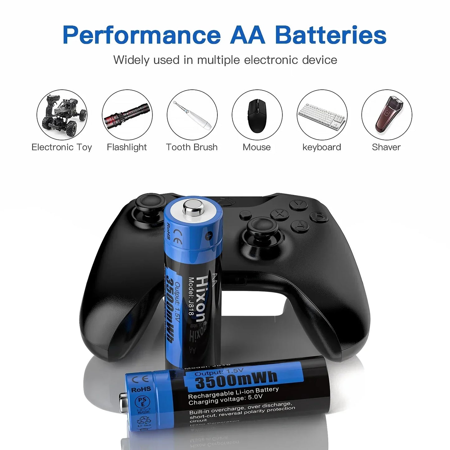 AA 3A 3500mWh 1.5V Li-ion rechargeable battery for cameras and toys, Hixon brand, shown with gaming controller; charger not included.