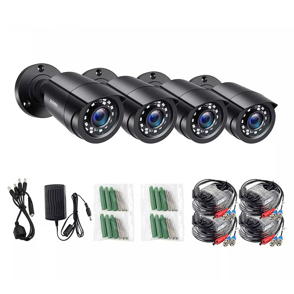ZOSI 1080P HD TVI security cameras, 4 pack, black, bullet style, waterproof for indoor/outdoor use.