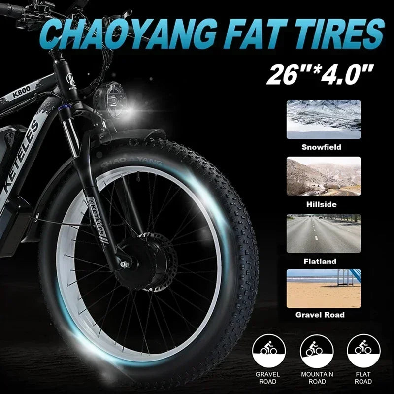 KETELES K800 Adult Electric Mountain Bike with 26" Fat Tires, 2000W Motor, 48V Battery.