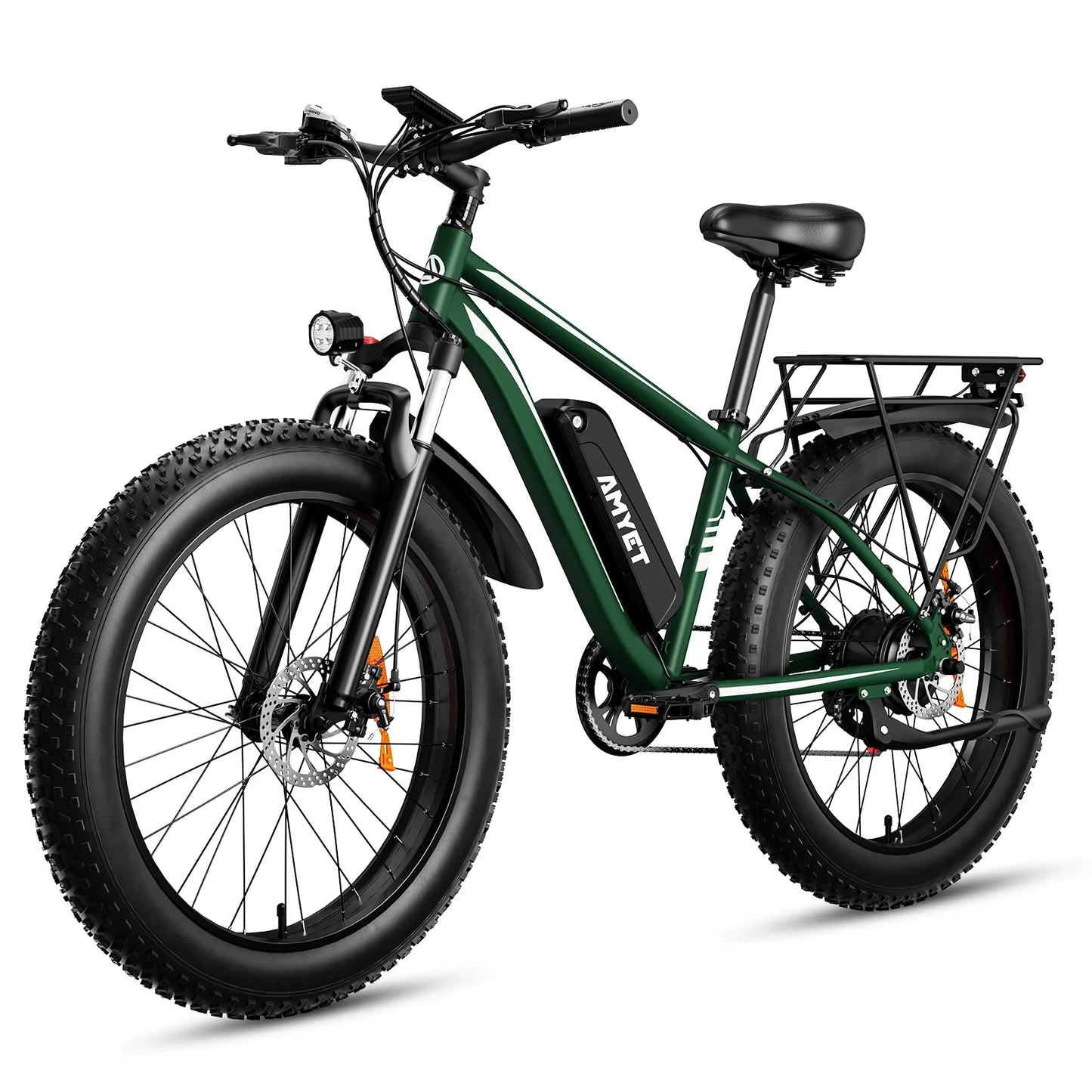 AMYET EB26 1000W electric mountain bike with 26" fat tires and aluminum alloy frame.
