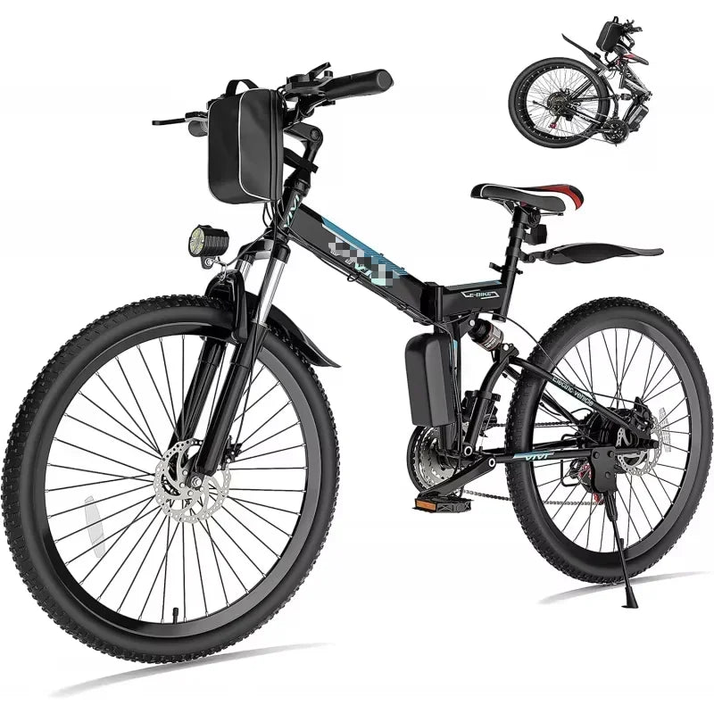 QVivi 750W folding electric mountain bike with 26-inch tires, designed for up to 21.7MPH speed, featuring a lithium battery.