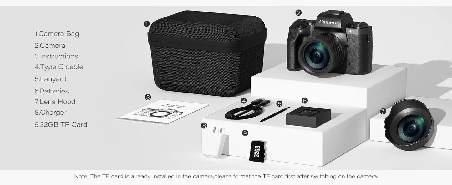 Digital Camera 4K 64MP WiFi Vlogging Camera with Flash Lens Hood Dual Cameras 4" Touch Screen