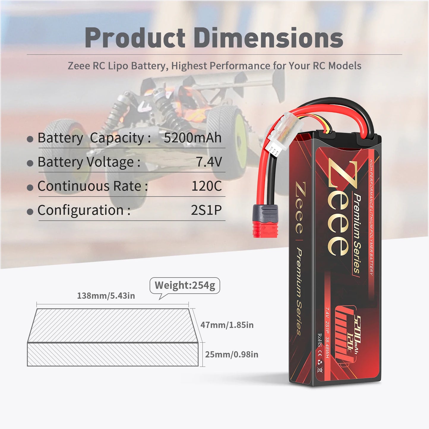 2pcs Zeee 2S Lipo Battery 5200mAh 120C Hardcase with T Plug for RC Car 1/8 1/10 Vehicles Premium Series