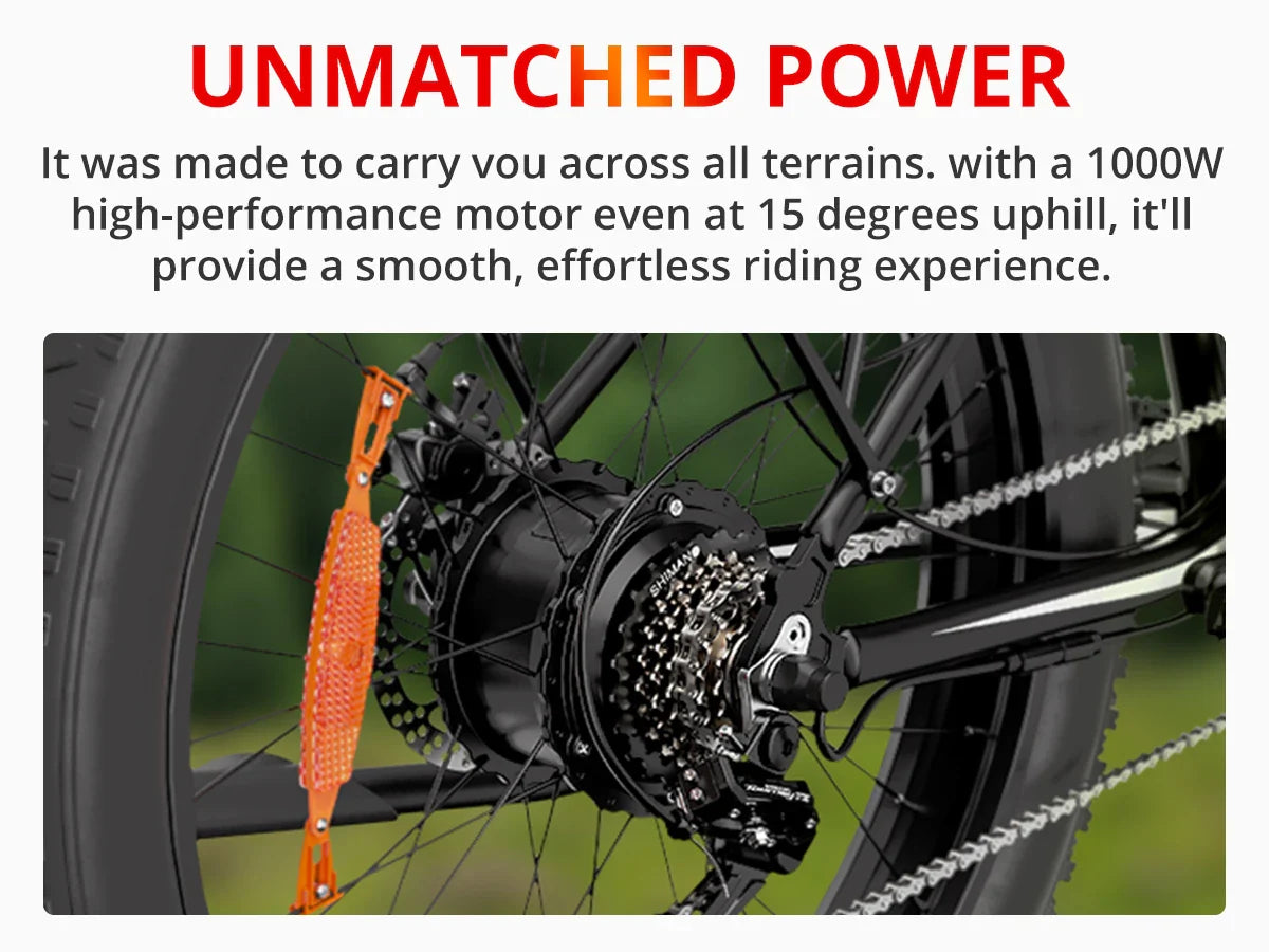 AMYET EB26 1000W electric bike motor with fat tire and disc brakes.