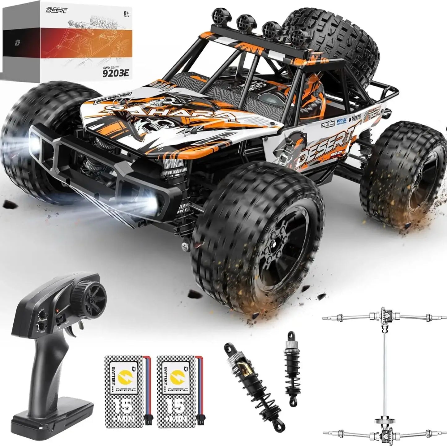 DEERC 9203E 1:10 Scale RC Truck 48KM/H 4X4 Lights 2 Batteries 2.4GHz All-Terrain 30 Min Play