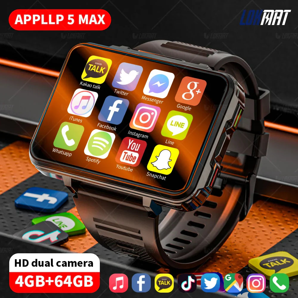 LOKMAT APPLLP 5 MAX Android smart watch phone with 4G, dual HD cameras, 2.4-inch square TFT display, 4GB RAM, 64GB storage, fitness and health
