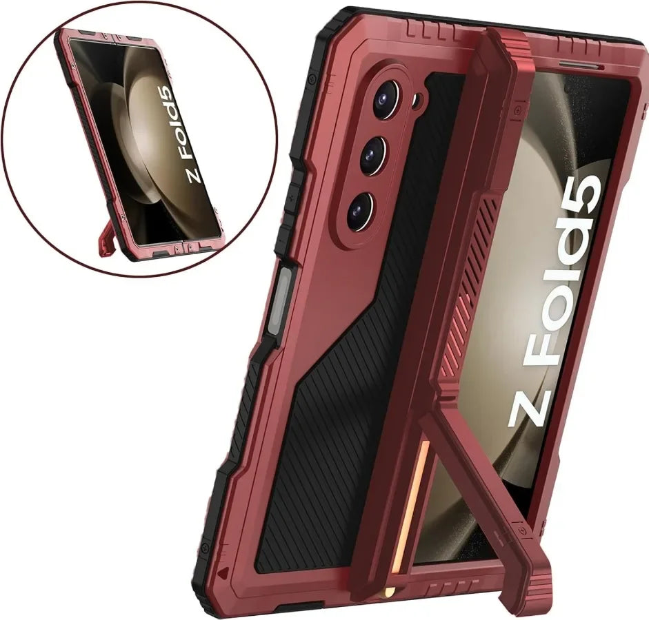 3 Layer Heavy Duty Metal Phone Case for Samsung Z Fold with Stand and Screen Film